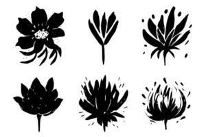 Set of lino cut grunge flower ink stamp. Pack of contemprorary texture elements. vector