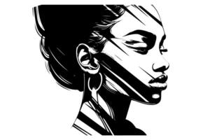 Beautiful black woman hand drawn ink sketch. Logo for beauty salon. Engraved illustration. vector
