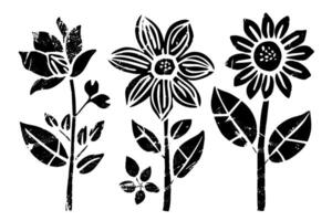 Hand-Drawn Grunge Floral Set Abstract Black Brush Silhouettes with Simple Ink Blooms. vector