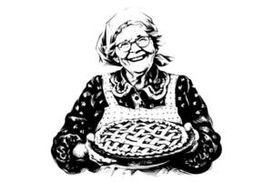 Clásico abuela Cocinando nostálgico ilustración de un sabio mujer horneando tarta. vector