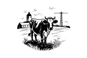 Cow on rural landscape hand drawn ink sketch. Engraving style illustration. vector