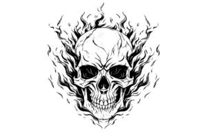 Skull in fire frame hand drawn ink sketch. Engraved style illustration. vector