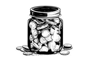 Full jar of coin hand drawn ink sketch. Engraved illistration. vector