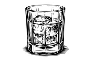 Vintage Whiskey Glass Sketch Hand-Drawn Engraved Illustration of Drink with Ice. vector