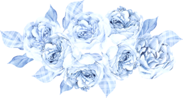 Watercolor wedding bouquet with tender blue roses flower and leaves. png