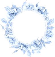 Watercolor wedding wreath with tender blue roses flower and leaves. png