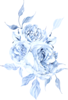 Watercolor wedding bouquet with tender blue roses flower and leaves. png