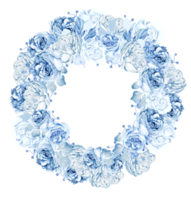 Watercolor wedding wreath with tender blue roses flower and leaves png