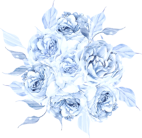 Watercolor wedding bouquet with tender blue roses flower and leaves. png