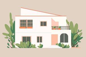 Modern eco house with greenery and balcony. Minimalistic illustration in pastel colors vector