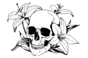 Skull with flower hand drawn ink sketch. Engraved style illustration. vector