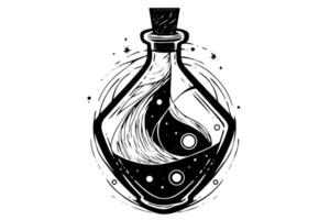 Magic bottle with potion hand drawn ink sketch. Engraved style illustration. vector