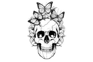 Skull with butterfly hand drawn ink sketch. Engraved style illustration. vector