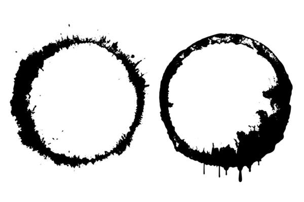 Black shapes of wine circle and coffee ring stains. Dirty splashes and spots Hand drawn tea or ink ring stains on white background.