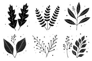 Set of lino cut stamp black leaves and branch imprints on white background. Hand drawn floral elements. vector