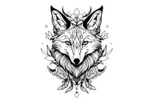 Fox head framed with flowers hand drawn ink sketch. Engraving style illustration. vector