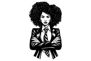 Business black woman hand drawn ink sketch. Engraved style illustration. vector