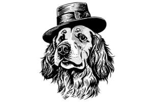 Vintage Hand-Drawn Dog Portrait with Hat Etching Style Illustration of Cute Shepherd in Chapeau. vector