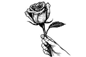 Clásico dibujado a mano Rosa en mano negro y blanco tatuaje impresión ilustración. vector