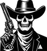 cow boy skull with cow boy hat and gun black and white illustration vector