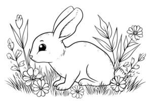 Vintage Easter Rabbit and Floral Illustration Engraved Bunny in a Spring Garden. vector