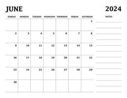 2024 June Calendar sunday start, with notes vector