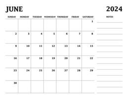 2024 junio calendario domingo comenzar, con notas vector