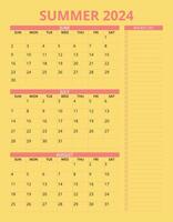 Summer 2024 Calendar with long design vector
