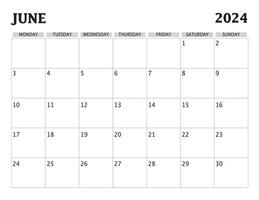 2024 June calendar, monday start with simple minimalist design template vector