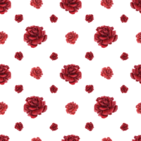 Rose head ornate. Deep red flowers. Simple geometric seamless pattern. Summer ruby plants. Realistic blooming scarlet roses. Watercolor illustration. For wedding design, memorial day, package png