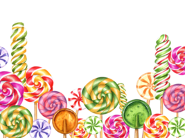 Mix colorful lollipops. Spiral lollipop, circle candies, bonbons with striped swirls, sugar caramel on stick. Horizontal frame with empty space space for text. Watercolor illustration for greeting png