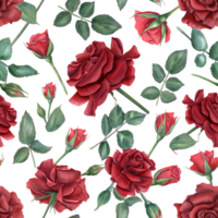 Deep red rose seamless pattern. Ruby flowers and green leaves on stems. Blooming summer garden roses with buds. Watercolor illustration for wedding design, memorial day, mother day and birthday decor png