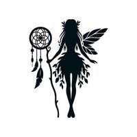 A black silhouette of a fairy girl, she is a forest sorceress with a dreamcatcher staff in a dress made of leaves and shoes with a twisted toe, she has a slender figure. 2d Black vector