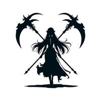 The black silhouette of a long-haired necromancer girl with a double huge scythe with curved blades and skeletons on the handle, she gracefully walks forward. 2d Black art, vector