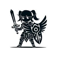 A black silhouette of a knight girl with a totem sword and a beautiful winged shield, she is a young elf in plate armor with long pointed ears and pigtails. white background vector