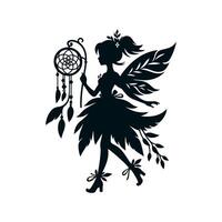 A black silhouette of a fairy girl, she is a forest sorceress with a dreamcatcher staff in a dress made of leaves and shoes with a twisted toe, she has a slender figure. 2d Black vector
