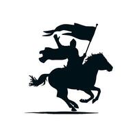 A black silhouette of a knight in a helmet in plate armor riding a horse victoriously waving with one hand and holding a flag fluttering in the wind in the other. 2d Black art vector