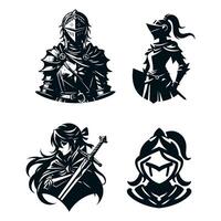 A black silhouette of a knight girl with a totem sword and a beautiful winged shield, she is a young elf in plate armor with long pointed ears and pigtails. Set collection vector