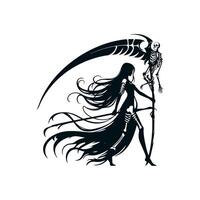 The black silhouette of a long-haired necromancer girl with a double huge scythe with curved blades and skeletons on the handle, she gracefully walks forward. 2d Black art, vector