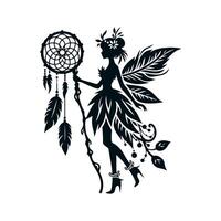 A black silhouette of a fairy girl, she is a forest sorceress with a dreamcatcher staff in a dress made of leaves and shoes with a twisted toe, she has a slender figure. 2d Black vector