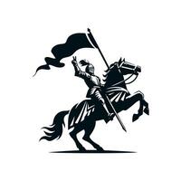 A black silhouette of a knight in a helmet in plate armor riding a horse victoriously waving with one hand and holding a flag fluttering in the wind in the other. 2d Black art vector