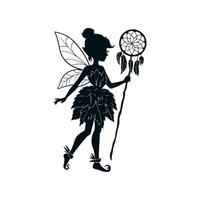 A black silhouette of a fairy girl, she is a forest sorceress with a dreamcatcher staff in a dress made of leaves and shoes with a twisted toe, she has a slender figure. 2d Black vector