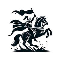 A black silhouette of a knight in a helmet in plate armor riding a horse victoriously waving with one hand and holding a flag fluttering in the wind in the other. 2d Black art vector