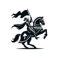A black silhouette of a knight in a helmet in plate armor riding a horse victoriously waving with one hand and holding a flag fluttering in the wind in the other. 2d Black art vector