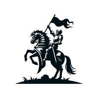 A black silhouette of a knight in a helmet in plate armor riding a horse victoriously waving with one hand and holding a flag fluttering in the wind in the other. 2d Black art vector