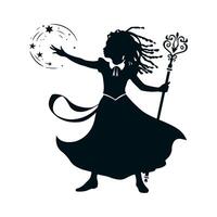 The black silhouette of a magician's girl, she stands with her arm outstretched forming magic and a beautiful staff in the other, her hair is dreadlocks fluttering in the wind. Black 2D vector