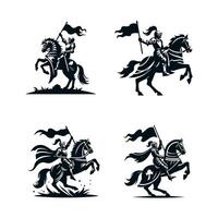 A black silhouette of a knight in a helmet in plate armor riding a horse victoriously waving with one hand and holding a flag fluttering in the wind in the other. 2d Black art Set vector