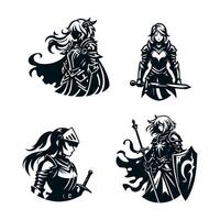A black silhouette of a knight girl with a totem sword and a beautiful winged shield, she is a young elf in plate armor with long pointed ears and pigtails. Set collection vector