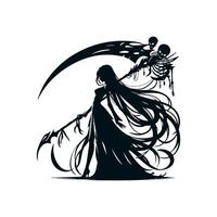 The black silhouette of a long-haired necromancer girl with a double huge scythe with curved blades and skeletons on the handle, she gracefully walks forward. 2d Black art, vector