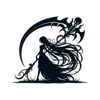 The black silhouette of a long-haired necromancer girl with a double huge scythe with curved blades and skeletons on the handle, she gracefully walks forward. 2d Black art, vector